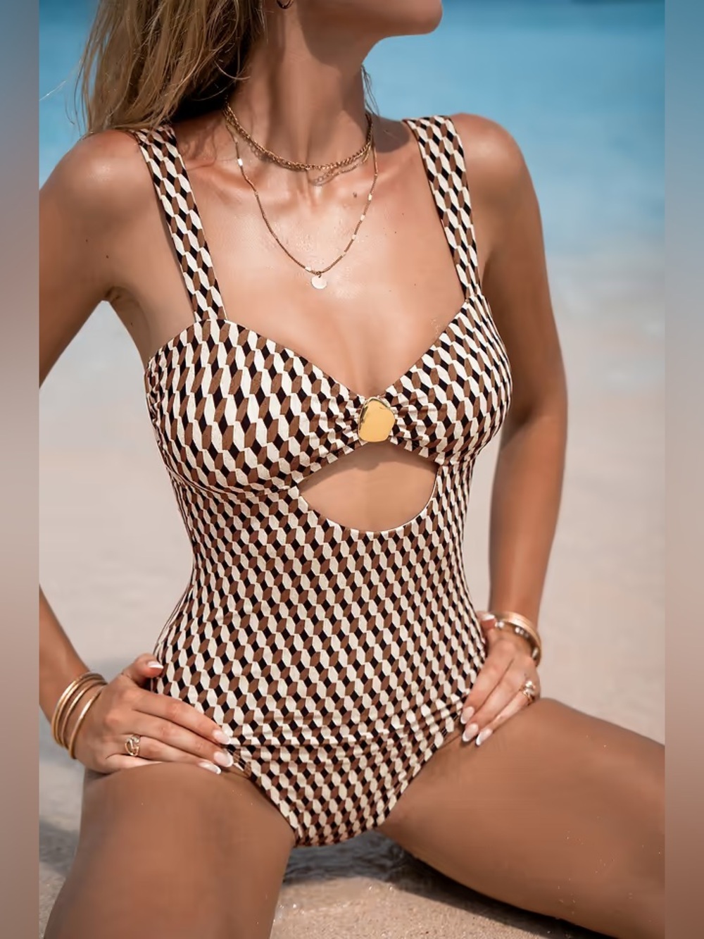 Cupshe:  Classic Geometric Brown & Cream One-Piece Swimsuit